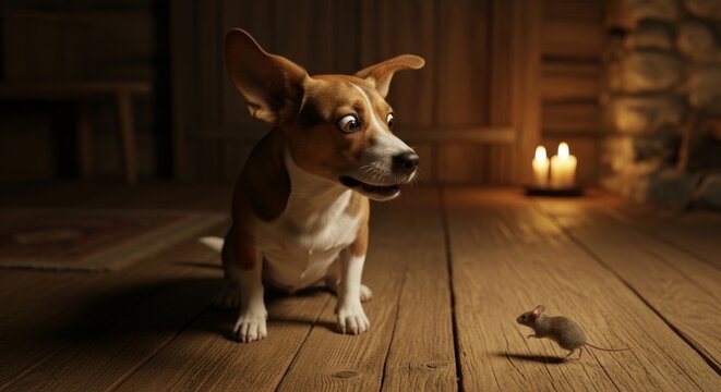 Astonished dog's wide-eyed stare at tiny mouse on rustic wooden floor, cozy candlelight interior