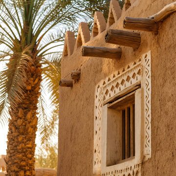 Traditional Najdi Window and Palm Tree, Saudi Mud House Architecture in Heritage Village