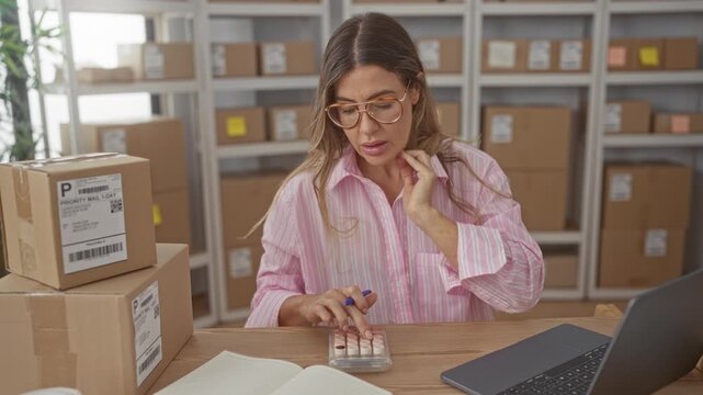 Woman holding a pen, touching forehead and glancing at a blister pill pack and shipping boxes on metal shelves inside a building; business stress.