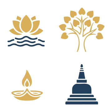 Buddhist Spiritual Icons Set with Lotus Bodhi Tree Diya Lamp and Stupa in Minimalist Gold and Blue