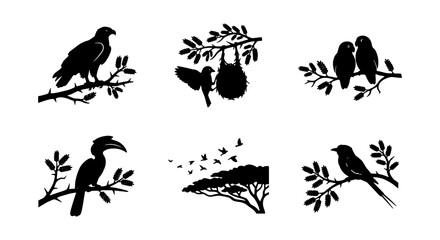 Silhouette Wildlife Collection: Birds on Branches, Sloth, Hornbill, African Savanna Scene, Vector Art © Nurul