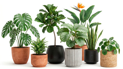 Fototapeta premium A collection of various indoor potted plants arranged together isolated on a white background.