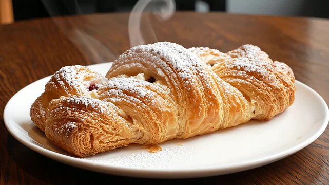 Freshly Baked Pastry with Powdered Sugar and Steam on Rustic Wooden Table Plate