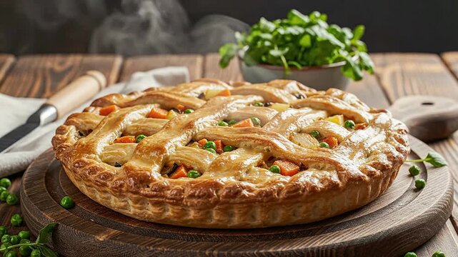 Freshly Baked Vegetable Pot Pie with Golden Crust on Rustic Wooden Table Surrounded by Fresh Herbs and Steam Rising in the Background Ideal for Comfort Food and Culinary Photography
