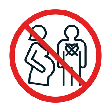 Prohibition sign icon depicting a pregnant woman and a man with a crossed out heart representing contraception or relationship issues. EPS Editable