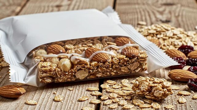 Nut Bar Granola Snack Surrounded By Spilled Oats And Almonds On Rustic Wood Surface For Healthy Eating Concept