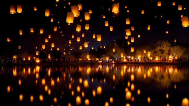 Magical sky lantern festival at night with glowing paper lanterns floating above reflective water, warm golden lights, spiritual celebration, romantic travel destination, cultural