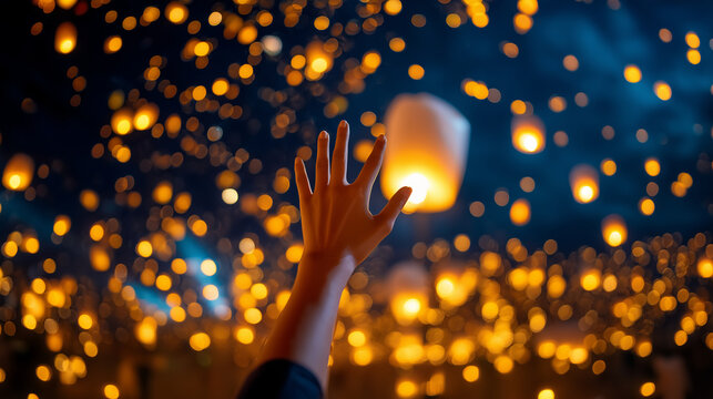 Person reaching for floating paper lantern in glowing night sky, magical lantern festival, hope and wishes ceremony, freedom dreams spiritual travel moment, golden candlelight, cul