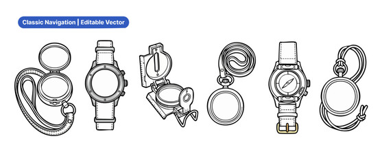 Compass wristwatch pocket watch vector illustration set. Classic navigation tools line art icon collection isolated on white background for travel design, adventure themes, and coloring book pages. © Dinali