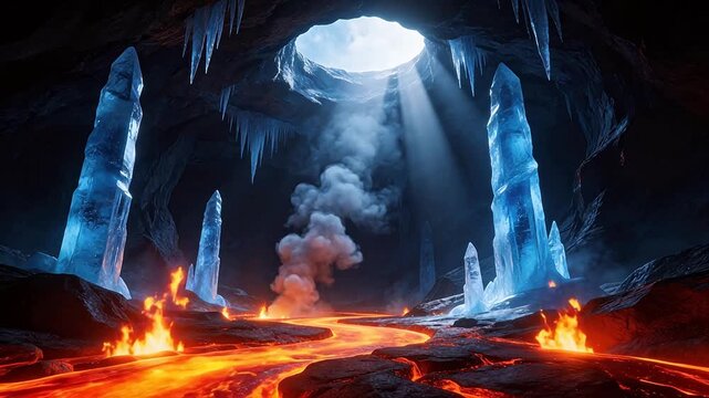 Ice cave with lava flow