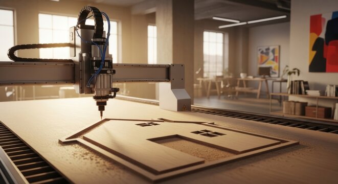 CNC machine precisely cuts house shape from plywood in modern studio, concept for residential planning and design.