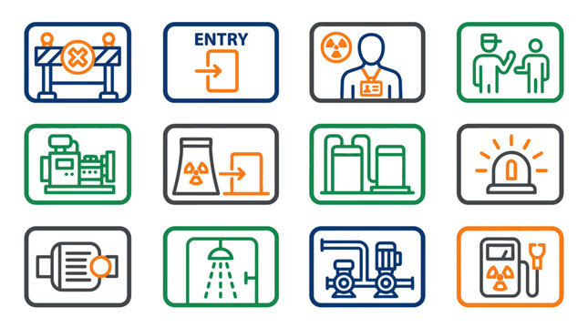 Set of nuclear power plant safety and industrial radiation protection line icons. EPS Editable