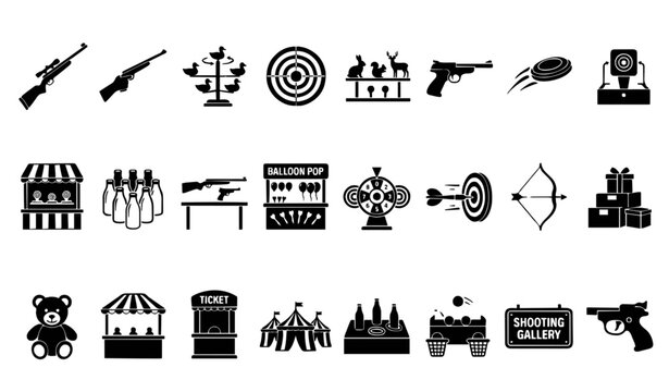 Carnival Shooting Gallery Icons Featuring Fairground Games Rifles Targets Duck Hunt Balloon Pop Prizes And Amusement Park Silhouette Vector Templates