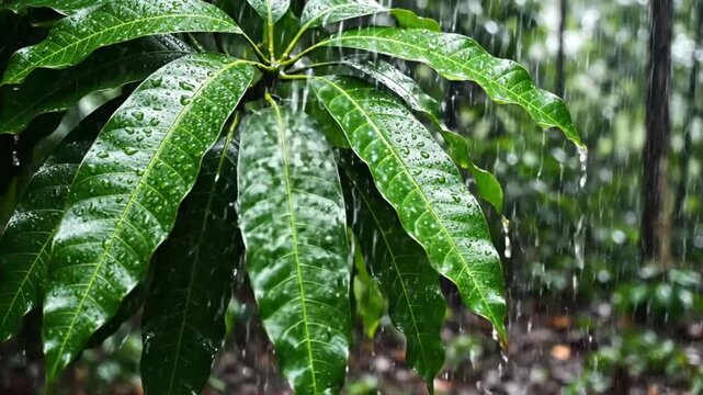 Raindrops cascading down vibrant mango tree leaves, forming a tranquil forest backdrop in nature's embrace