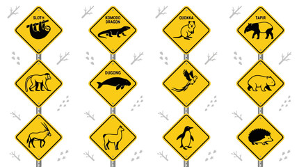 Fototapeta premium Vector illustration of yellow warning road signs featuring various wild animals like sloth capybara and penguin. EPS Editable