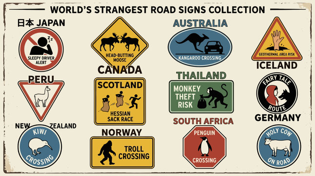 Vintage style collection of strange and funny road signs from different countries around the world. EPS Editable