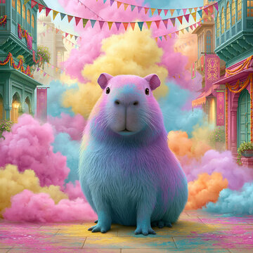 Colorful celebration of a capybara in a vibrant festival setting fantasy art whimsical environment creative perspective
