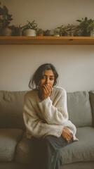 Obraz premium Young woman sits on couch, hand covering mouth. Cozy knit sweater, tousled dark hair. Soft light illuminates warm, minimalist living room. Plants line wooden shelf above sofa