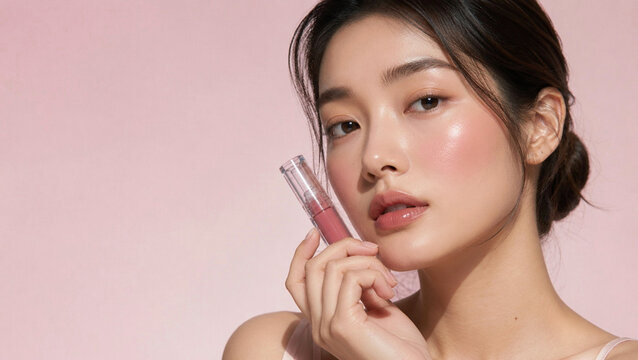 Hydrating lip tint cosmetic tube and dewy K-Beauty bloom skin portrait with glossy blush, skincare glow and copyspace