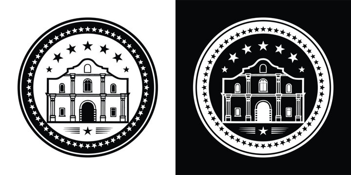 Black and white vector logo featuring the historic Alamo mission
