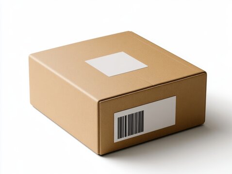 Minimal brown corrugated cardboard box with blank labels on white background
