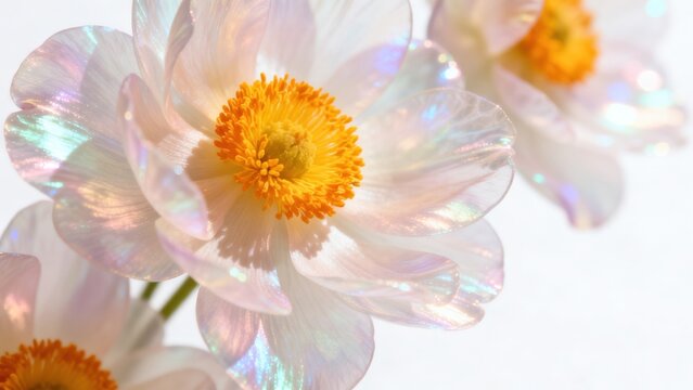 Iridescent white flower with yellow center