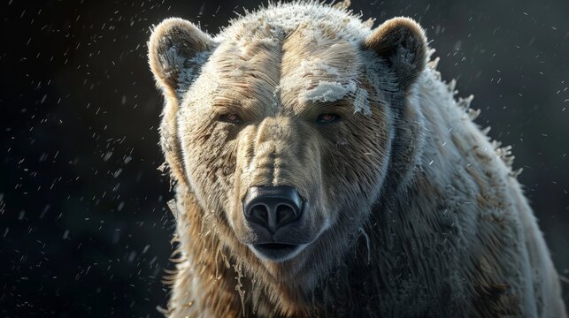 Frozen bear stares directly, fur matted with snowflakes. Rain and frost coat its thick, rugged hide. Dark background emphasizes its powerful, unblinking gaze. Wildlife imagery evokes survival
