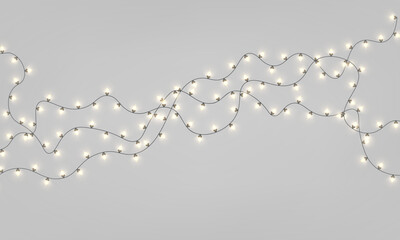 Gold Christmas decoration PNG. Xmas realistic string lights garland with glowing yellow bulbs and golden LED lamps. Luminous design for poster and brochure. © ikril