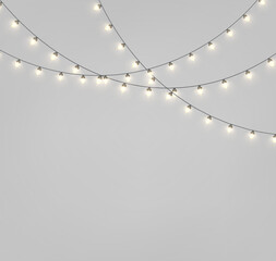 Christmas lights PNG. Golden string garland with luminous yellow bulb lights and realistic gold LED lamps. Glowing Xmas decoration for brochure and greeting card. © ikril