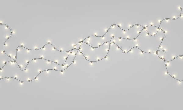 Gold Christmas decoration PNG. Xmas realistic string lights garland with glowing yellow bulbs and golden LED lamps. Luminous design for poster and brochure.