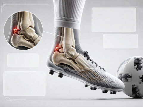 3D medical infographic template of soccer player foot injury, illustrating biomechanics of Os Trigonum Syndrome and posterior ankle impingement during an instep kick, blank no text version.