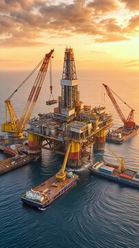 Offshore oil rig platform operating in open sea during sunset. Aerial view of industrial drilling station with support vessels and cranes.