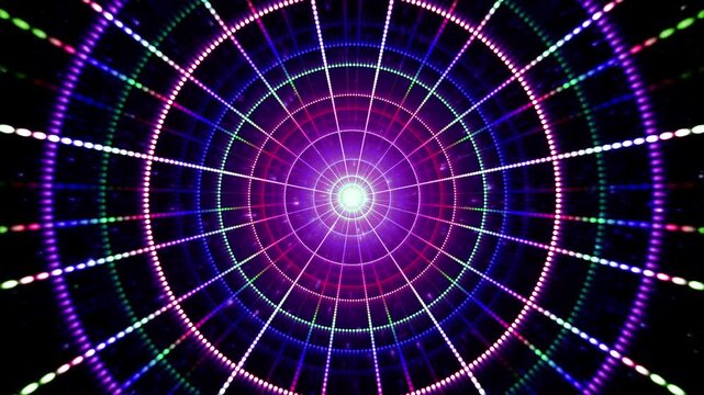 Abstract neon led grid tunnel animation, glowing purple and cyan audio spectrum particles loop, futuristic sci-fi radar wireframe background, glowing disco light circle tunnel overlay, 4k