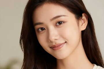 Fototapeta premium Young woman smiling in close up neutral studio portrait
