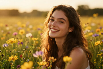 Naklejka premium Young woman smiling in wildflower field during golden hour