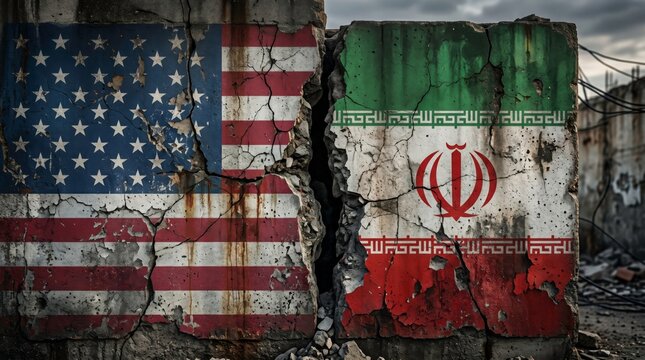 Symbolic divide: US and Iran flags painted on cracked concrete wall, symbolizing geopolitical tension and conflict.