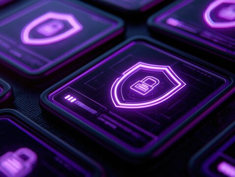 Digital Security Concept with Neon Purple Shield and Lock Icons Closeup
