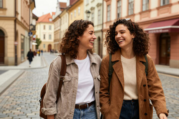 Fototapeta premium Two women walking and laughing on cobblestone city street