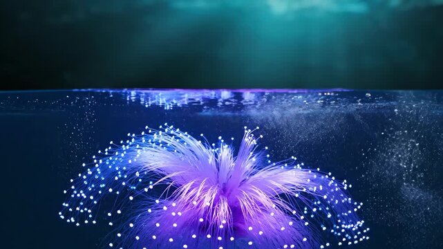 Fiber optic light source submerged in liquid. Colorful glowing filaments under water creating data connection concept. Illumination of communication network technology