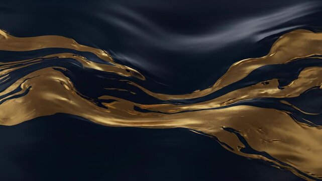 Abstract black and gold liquid waves flowing with golden lines, elegant premium dark fluid motion background for luxury branding, fintech, beauty and festive design
