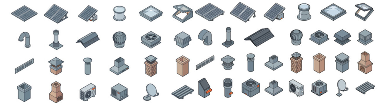 Isometric Rooftop Roof Elements Set With Solar Panels, Vents, Chimneys, Skylights And HVAC Units