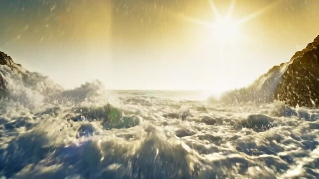 Epic ocean wave crashing through rocks at sunrise with golden sunburst and foamy sea water