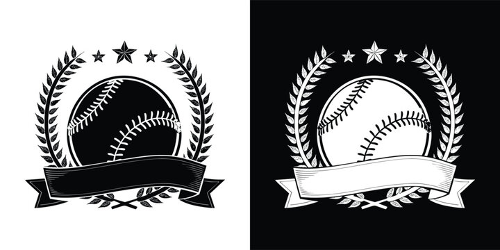 Detailed baseball emblem with laurel wreath and blank ribbon banner