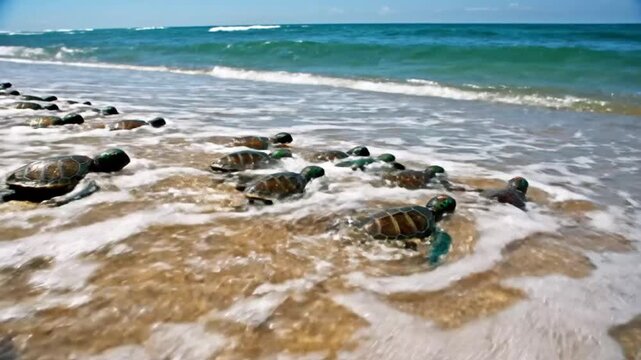 Baby sea turtles hatching and racing towards the ocean on a sandy beach under a bright sunny day