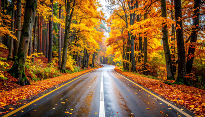 Fototapeta premium Curving road through autumn forest with vibrant orange and yellow foliage, wet asphalt reflecting trees and fallen leaves