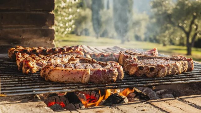 Delicious grilled T-bone steaks cooking over hot coals in an outdoor brick barbecue pit for a summer cookout