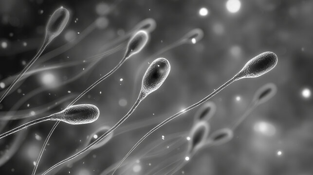 Clean monochrome microscopic sperm cell scene, clinical fertility and IVF laboratory concept, male reproductive health, sperm motility research, semen analysis, embryology diagnostic with copy space