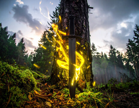 Bright yellow energy flickers like flames around a sharp black kunai blade stuck deep into a thick tree trunk.