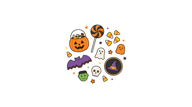 Cute Halloween Icons Collection Pumpkin Bat Ghost Candy Witch Hat Skull Frankenstein Vector