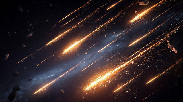 Meteor shower over deep space, blazing fireballs streaking through starry sky, cosmic debris entering atmosphere, astronomy science, asteroid fragments, celestial event, glowing  with copy space